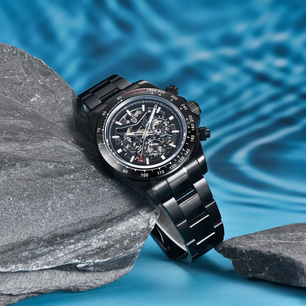 PAGANI DESIGN Orologio meccanico automatico Orologio subacqueo da uomo sportivo con datario multifunzionale luminoso in acciaio inossidabile + confezione regalo