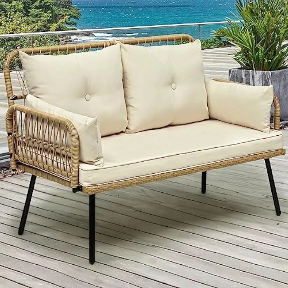 

Patio Furniture Wicker Outdoor Loveseat, All-Weather Rattan Conversation for Backyard, Balcony and Deck with Soft Cushions