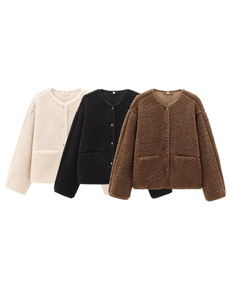 

HH Women's Winter New Small Fragrance Round Neck Warm Teddy Velvet Single-breasted Jacket Female Fashion Casual Versatile Coat