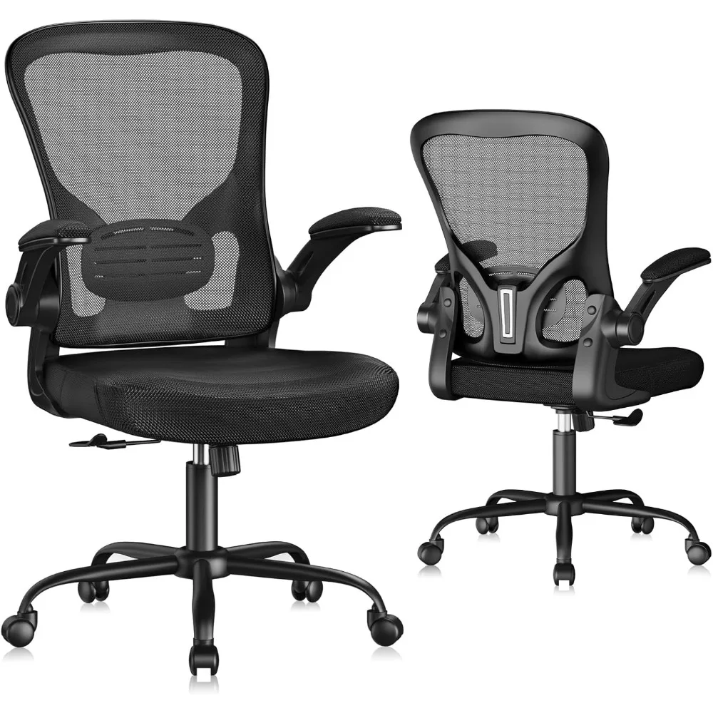 

Ergonomic Mesh Home Office Desk Chair - Height Adjustable with Flip-up Arms & Lumbar Support - Stylish Black Design