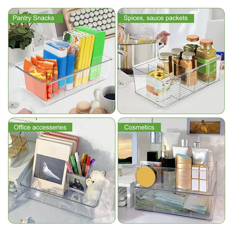 5 Pack Food Storage Organizer Bins, Plastic Removable Snack Organizer Pantry Organization Storage Racks With 3 Dividers