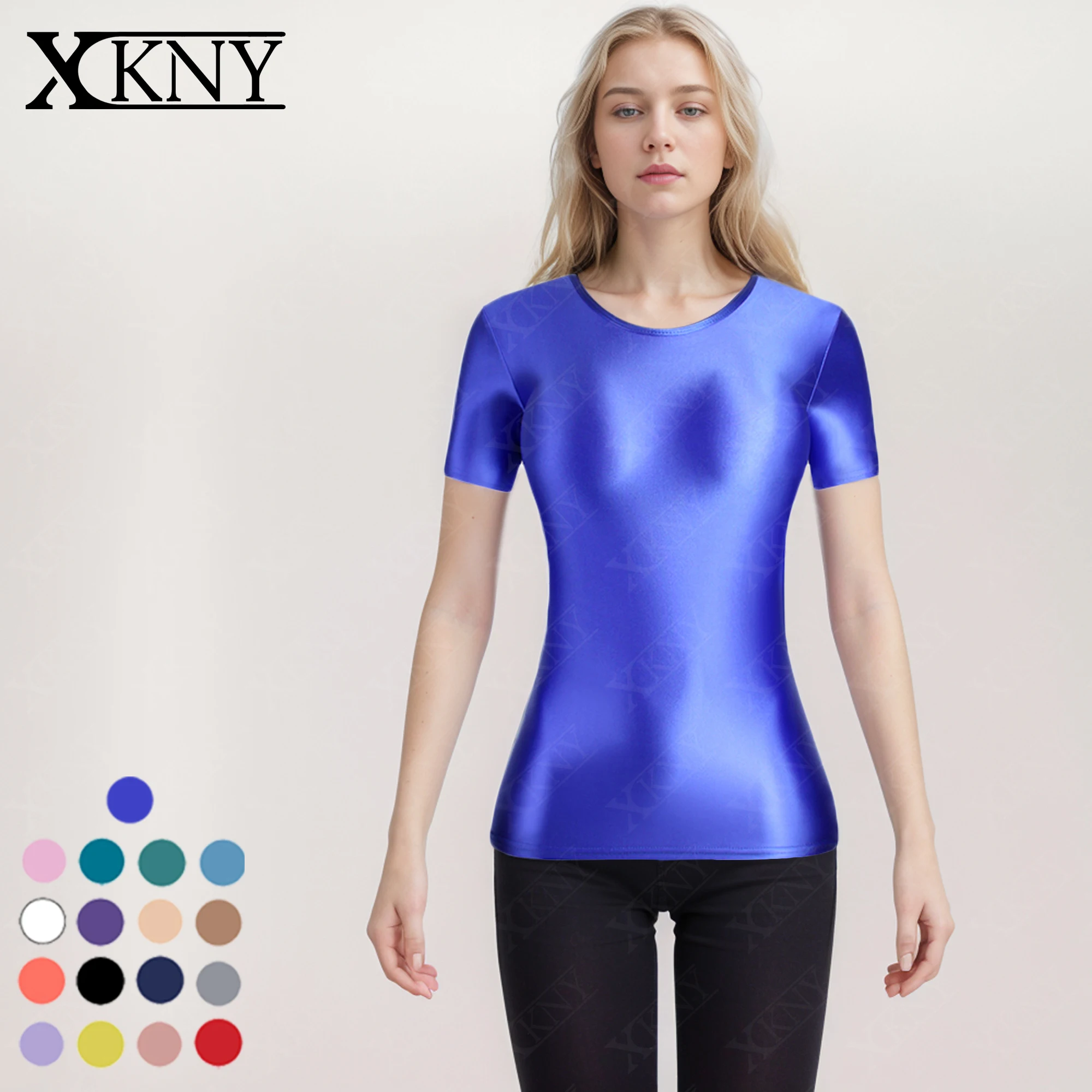 

XCKNY Silky gloss short sleeve tight smooth Sweatshirt high elastic shiny Yoga sportswear multi-function top