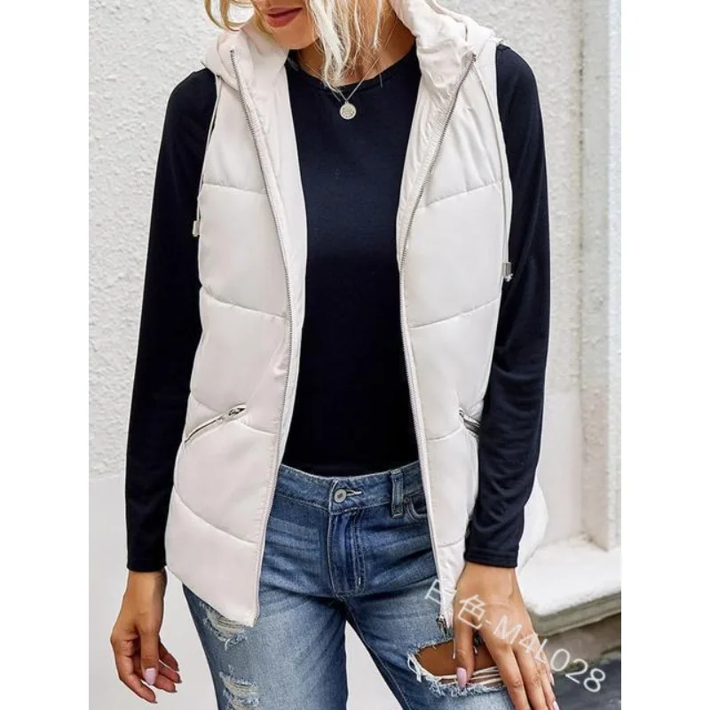 

Wepbel Hooded Drawstring Vest Coats Zipped Stand Collar Pocket Slim Fit Vest Jackets Casual Cotton-Padded Jacket Vest for Women