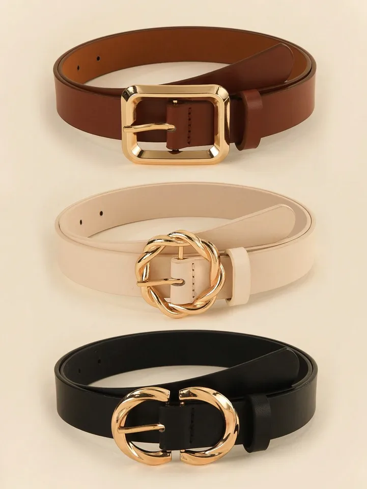 Gold Triple Ring Rhinestone Buckle Women's Belts