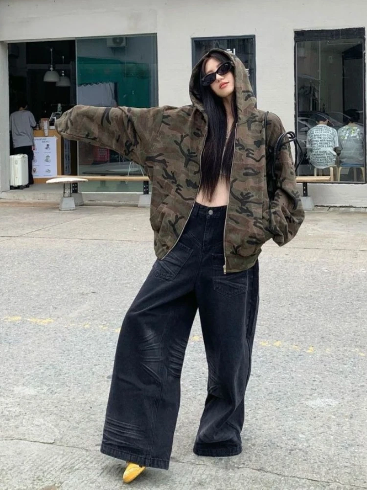 الأمريكية الرجعية نمط التمويه مقنعين البلوز المرأة الخريف عادية سليم صالح جاكيت زيبرا الجمالية الجرونج ثقافة فرعية معطف