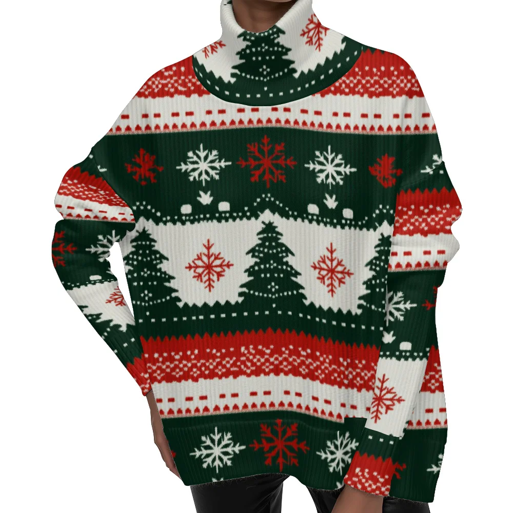 

Festive Christmas Printed Sweater Ugly Holiday Turtleneck with Snowman Reindeer Tree Snowflake Cozy Winter Gift Red Green Style