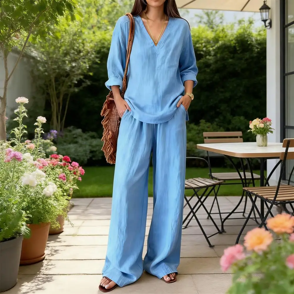 

Women Two-piece Suit Solid Color Women Set Women Linen 2 Piece Set Summer Lounge Outfit Long Sleeve V Neck Shirt with Wide Leg