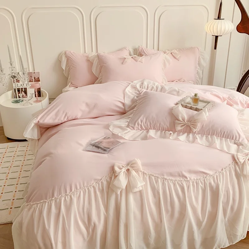 

Skin-friendly Waed Cotton Lace Trimmed 3D Bedding Set Pure Color Anti-slip Four-piece Set Sweet Heart Girl Sle