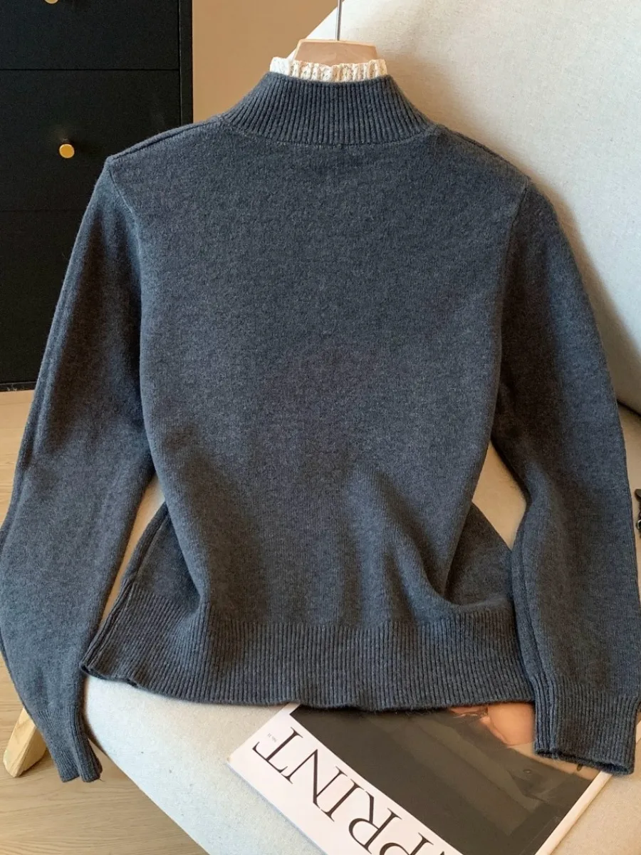 ay Spitzenbesatz f Strickpullover mit hohem Kragen für Damen, Herbst und Winter, Innenbekleidung, selbstklebendes Sle, koreanische Version, schmale Passform
