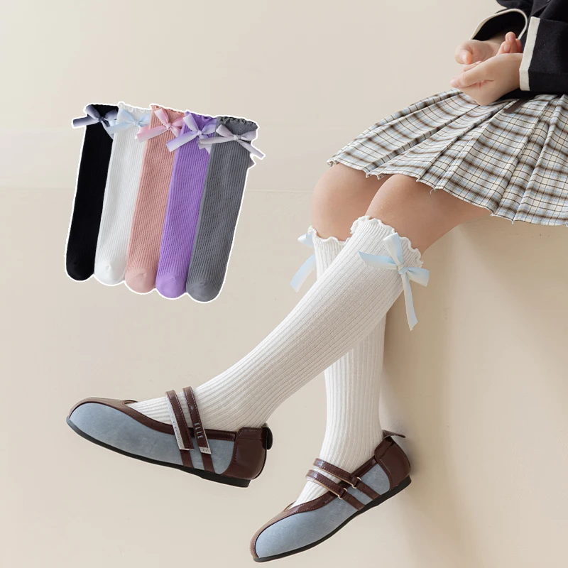 Lolita Girls Spring Autumn Calf Stacked Socks Thin Gradient Color Bow Decor Solid Ruffled Trim Soft Skin-Friendly Stretchy Socks