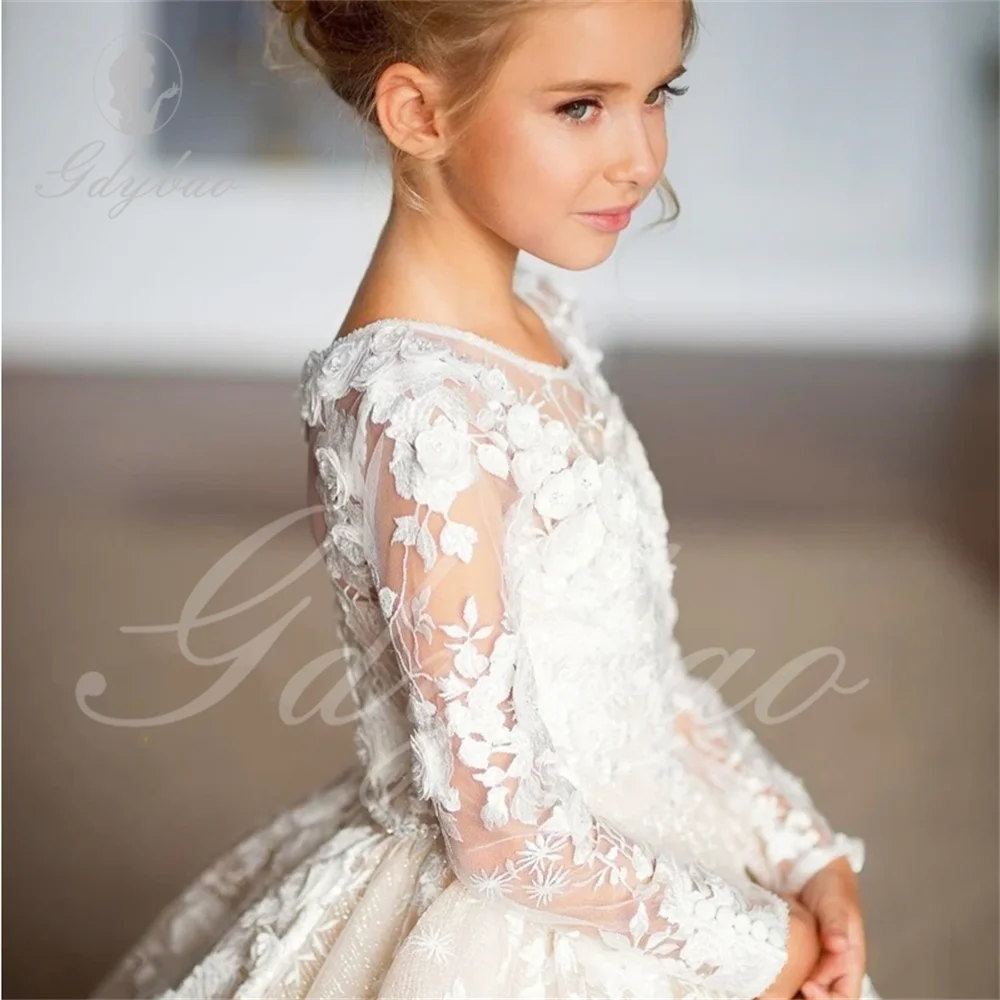 Luxurious Ivory Long Sleeve Flower Girl Dresses For Wedding Prom Party Girls Pageant Gowns Lace Floral Appliques