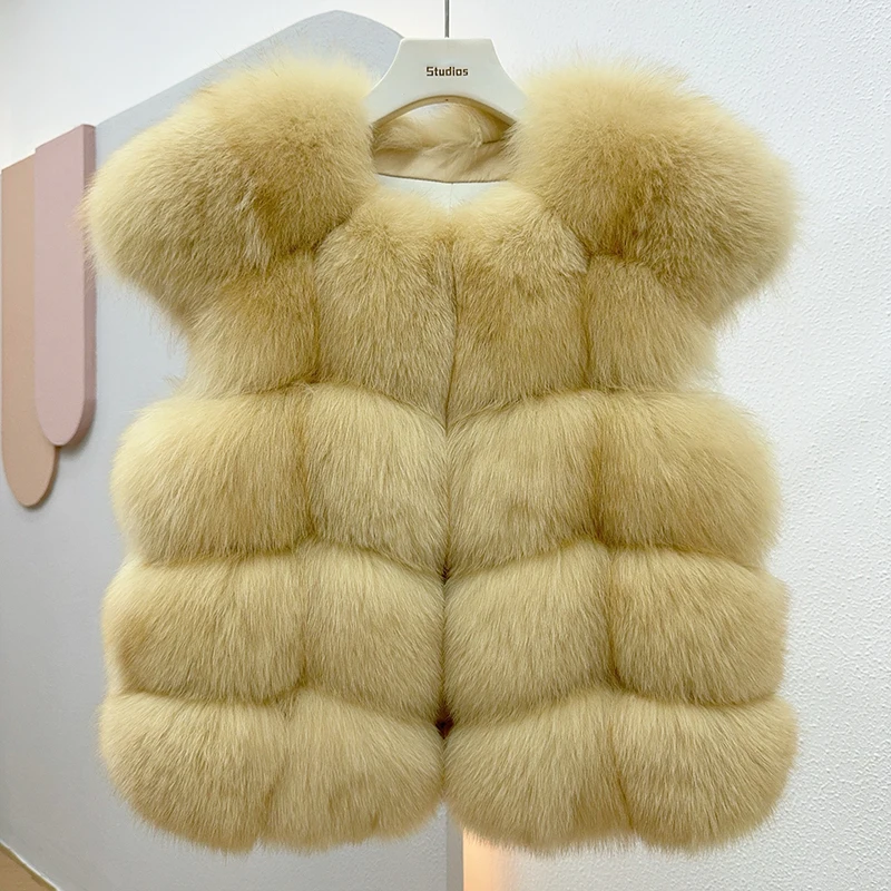 여성용 푹신한 리얼 폭스 모피 민소매 조끼 천연 모피 양복 조끼 럭셔리 겉옷 재킷