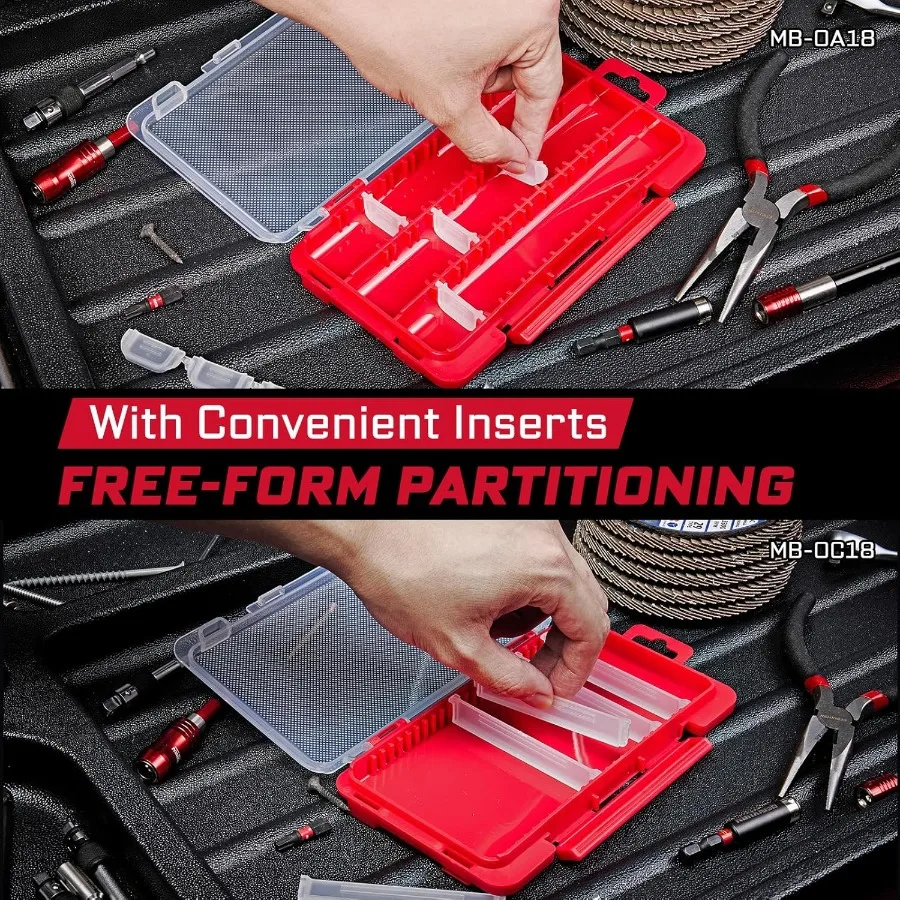 Organizador de piezas de almacenamiento plano pequeño, caja de herramientas de piezas pequeñas de plástico transparente portátil roja con divisores extraíbles para uso eficiente, 2 uds.