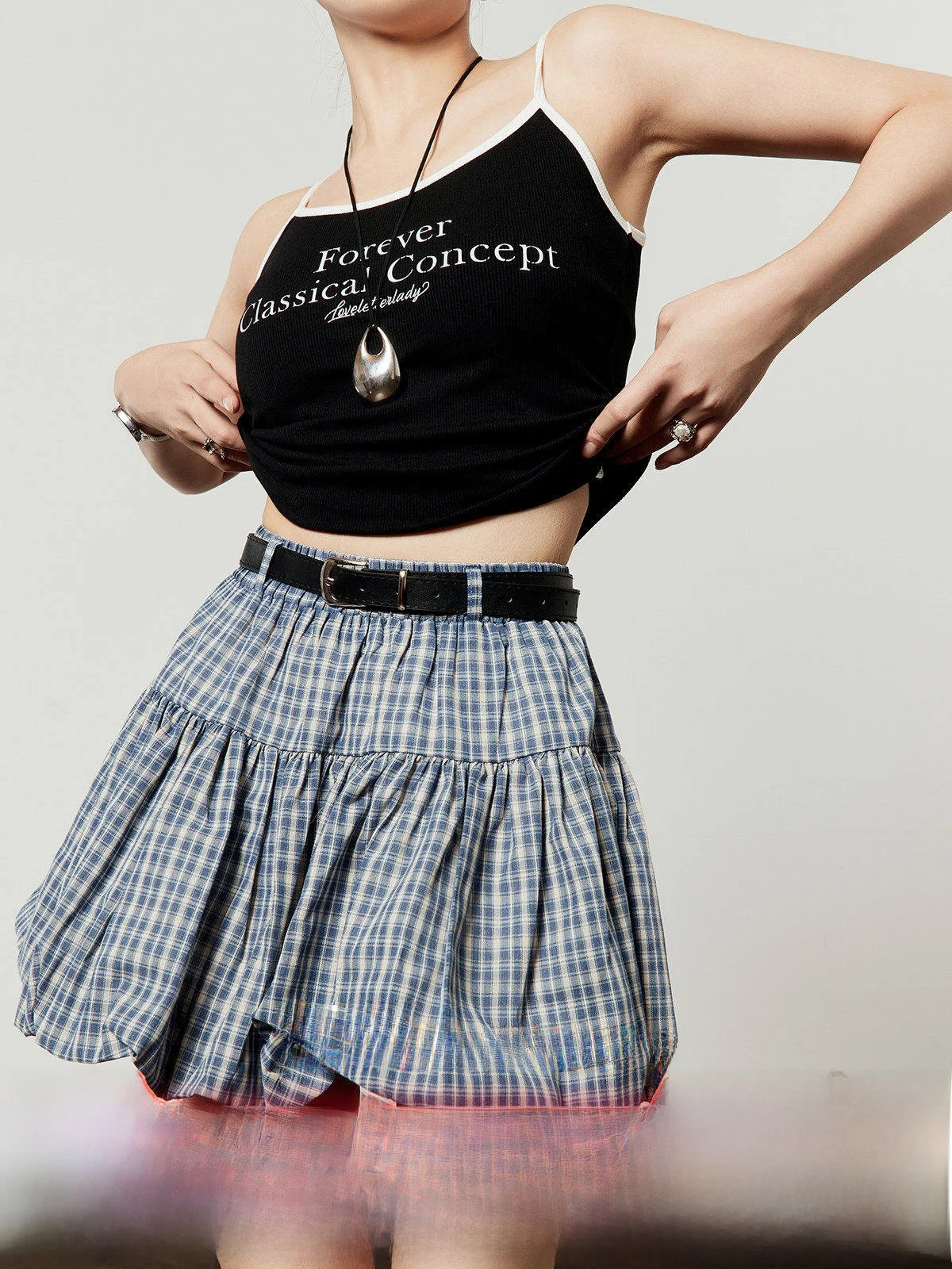 

High Waist Plaid Puffy Skirt Summer A-Line Skirt Versatile Korean Sle f Body Skirt Breathable Casual Women's Skirt