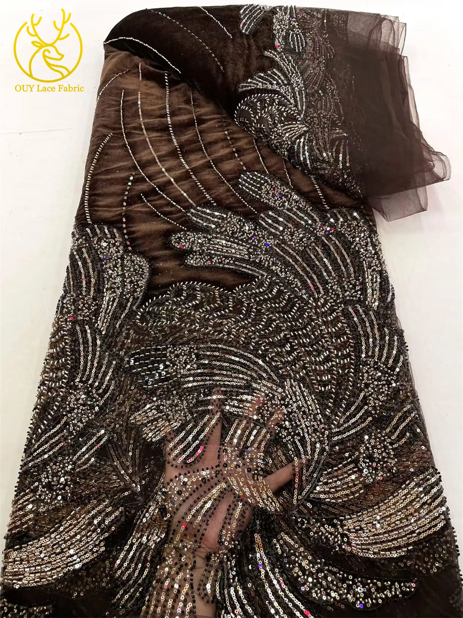 Neuer Stil Französischer Lila Samt-Stickerei-Pailletten-Spitzenstoff Hochwertige Nigerianische Afrikanische Perlen-Tüllspitze für Partykleider und Näharbeiten – Detail 12