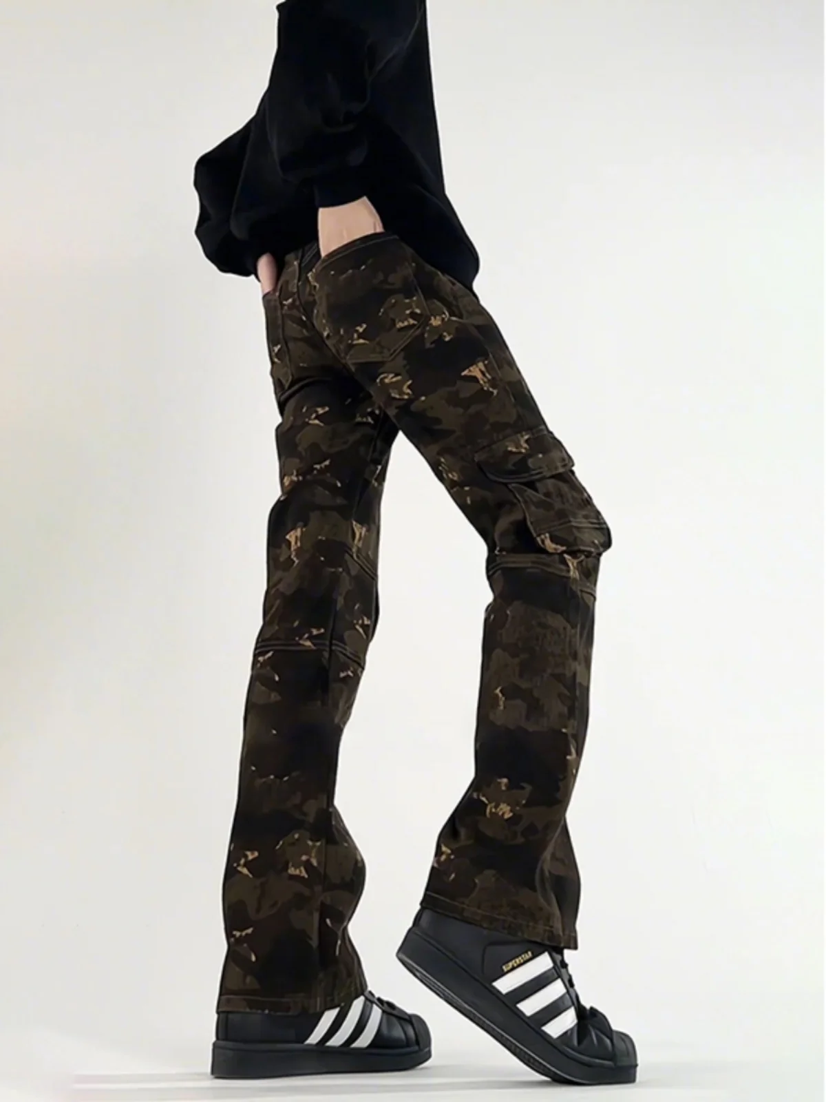 

American Vibe Camouflage Jeans Men's Autumn Winter Multiple kets Slim Flare Straight Leg Workwear Denim Pants Youth Faion