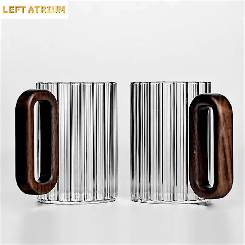 350ml Vertical Stripe High Borosilicate Glass Coffee Mug With Walnut Wooden Handle Heat-Resistant Tea Mug Milk Coffee Cup