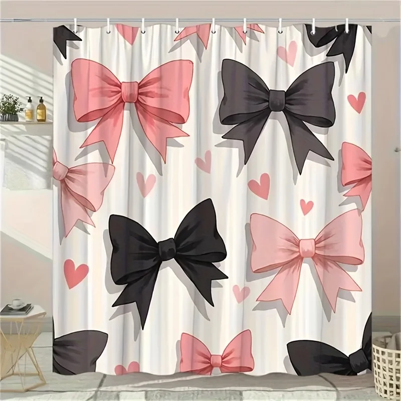 1pc Bow & Heart Combination, Girly Pink Printed Shower Curtain, Suitable for Bathroom Decoration, Bathroom Shower Curtain, Windo