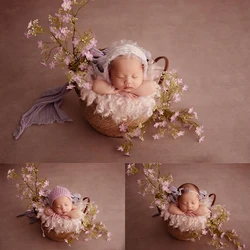 Pasgeboren Fotografie Seersucker Wrap Zachte Wollen Vilt Deken Baby Foto Hoofd Bloem Prop Baby Poseren Mand Filler Accessoires