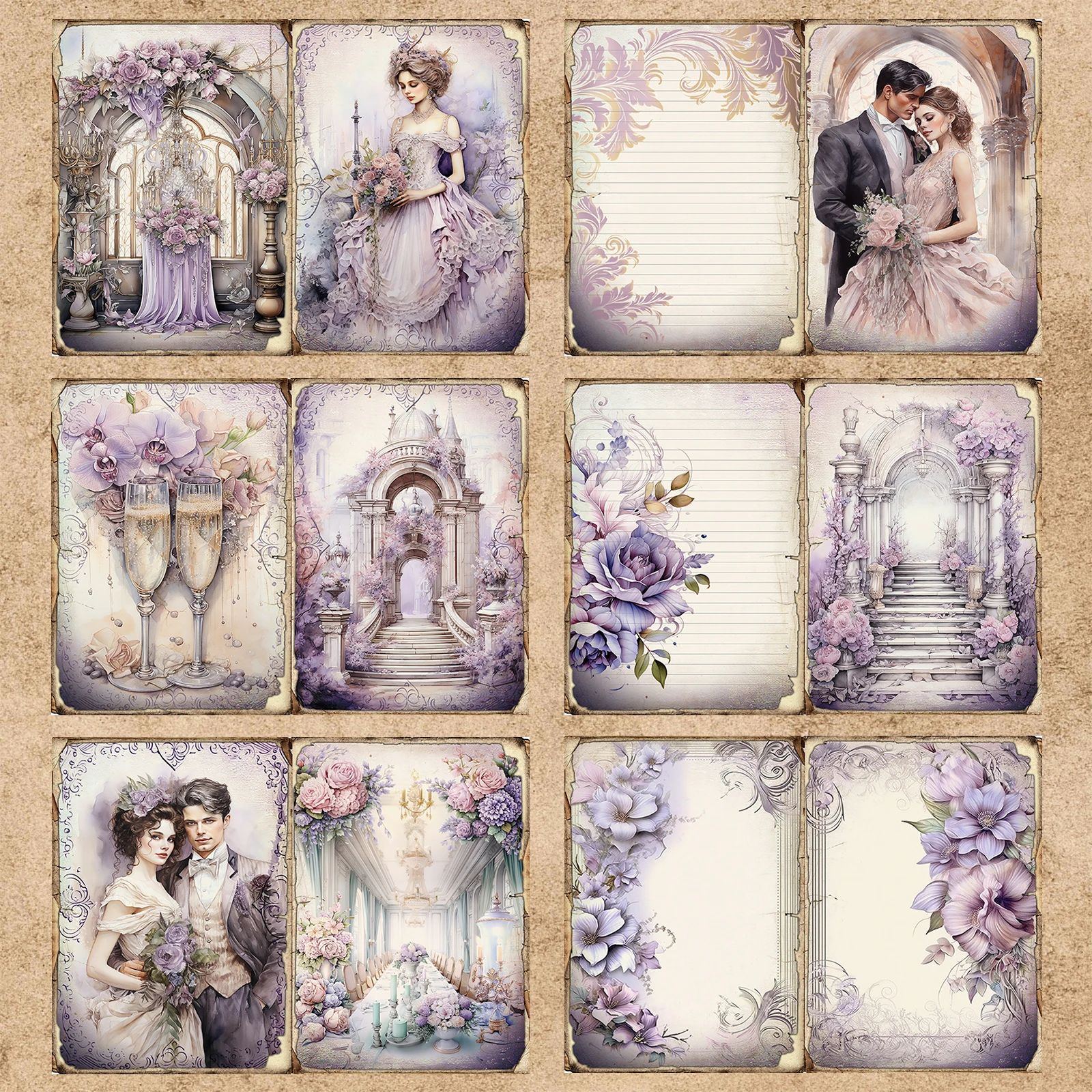 20 Sheets A5 Size Valentine\'s Day Wedding Purple Background Couple Suit Wedding Dress Vintage Grunge Journal Planning Scrapbook