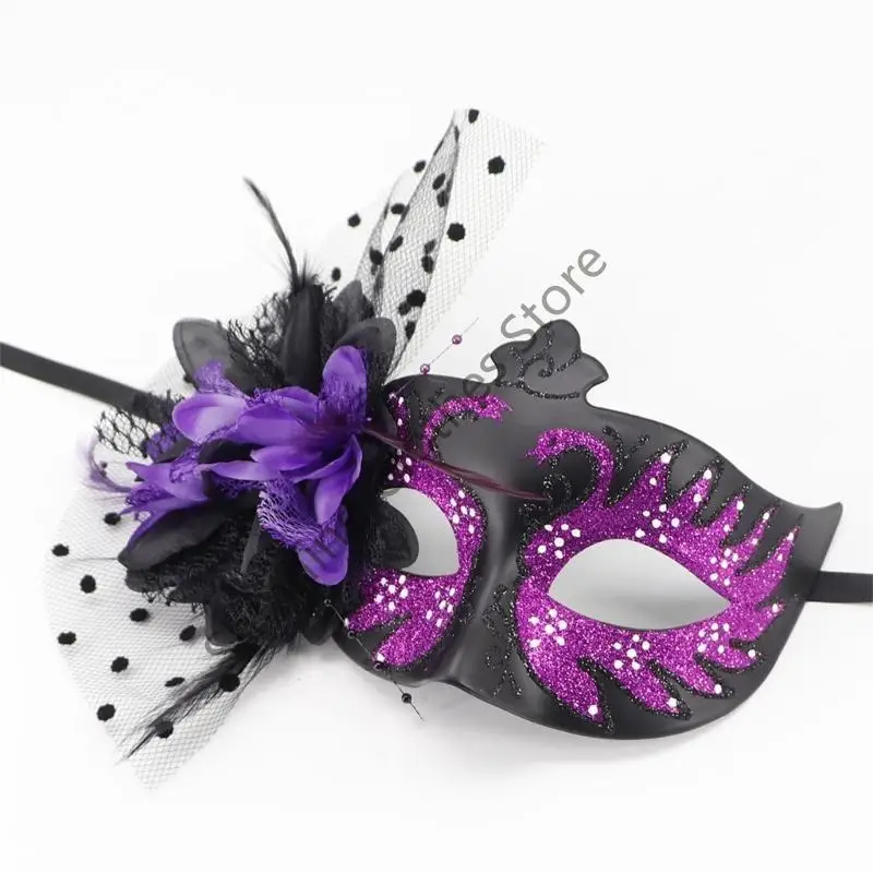 M68A FEATERDE MASQUERADE MASKER Halloween Party Eye Mask Flower Decoration Masquerade Half Face Mask voor vrouwen Cosplay