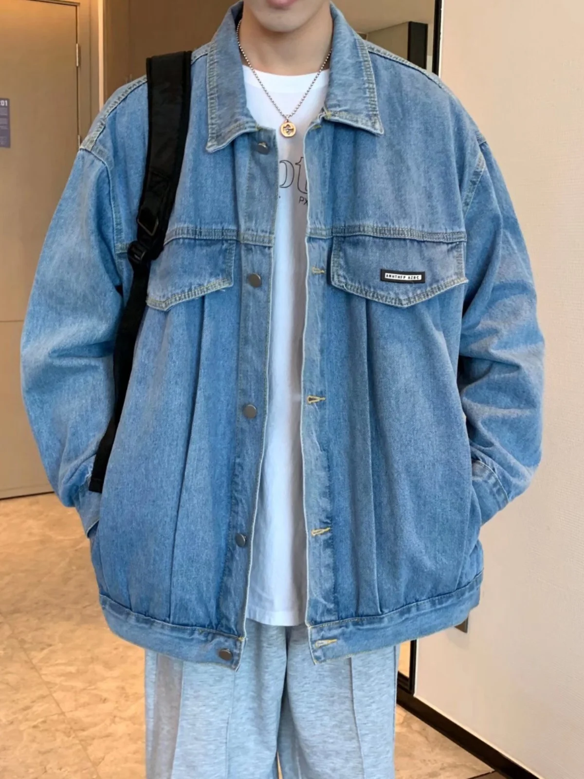 

Harajuku Sle Loose Men's Denim Jaet Autumn Season Couple's Faionable Workwear Jaet Youthful ular Long Sve Coat