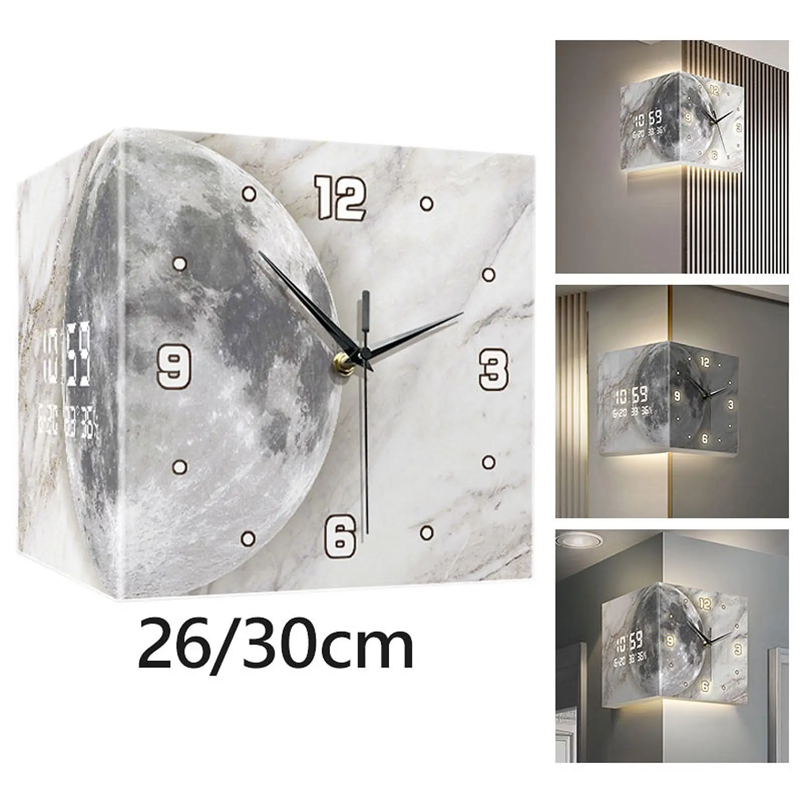 Lunar Pattern Double Sided Wall Clock Silent Movement Punch Free Home Decoration for Bedroom Versatile Lightweight Creative