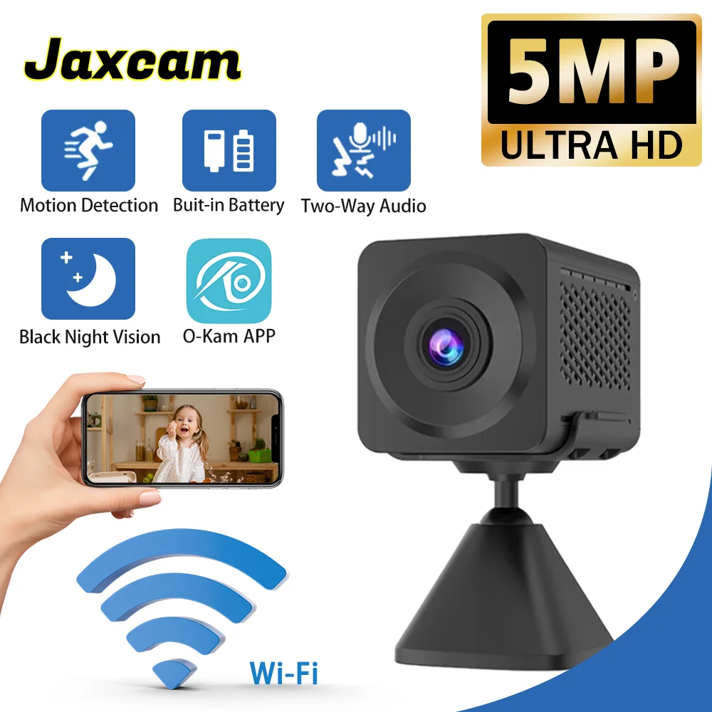 O-kam kamera Mini WiFi 5MP, dalam ruangan luar ruangan deteksi PIR CCTV keamanan nirkabel baterai dapat diisi ulang waktu siaga tiba