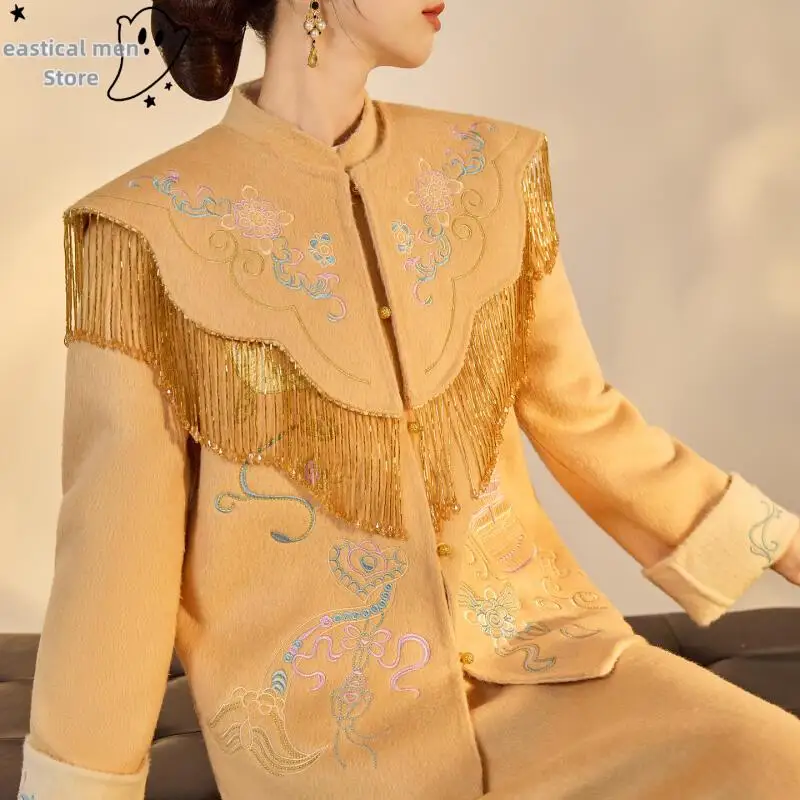 

Winter Embroidered Flower Wool Tang Clothes Hanfu Wmen Warm New Chinese Style Coat Temperament Woolen Qipao Top Half Skirt Set