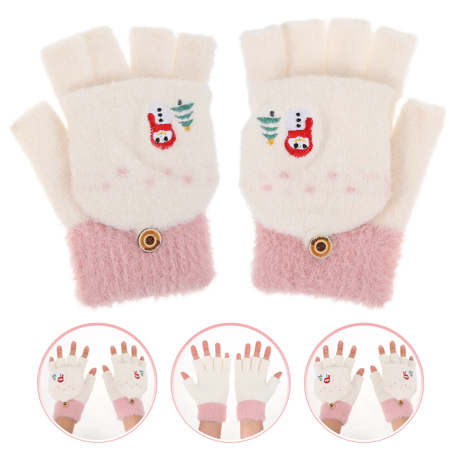 

1 пара детских перчаток с мультяшным рисунком, теплые, мягкие, акриловые, зимние, с откидной крышкой, вязаные, совместимые с сенсорным экраном, очаровательные