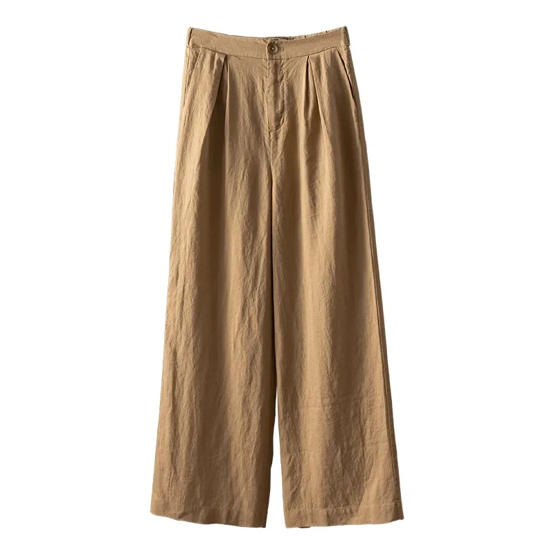 جديد القطن الكتان مرونة عالية الخصر مطوي مستقيم واسعة الساق السراويل الطويلة النساء صافي اللون السراويل الطويلة السيدات السراويل