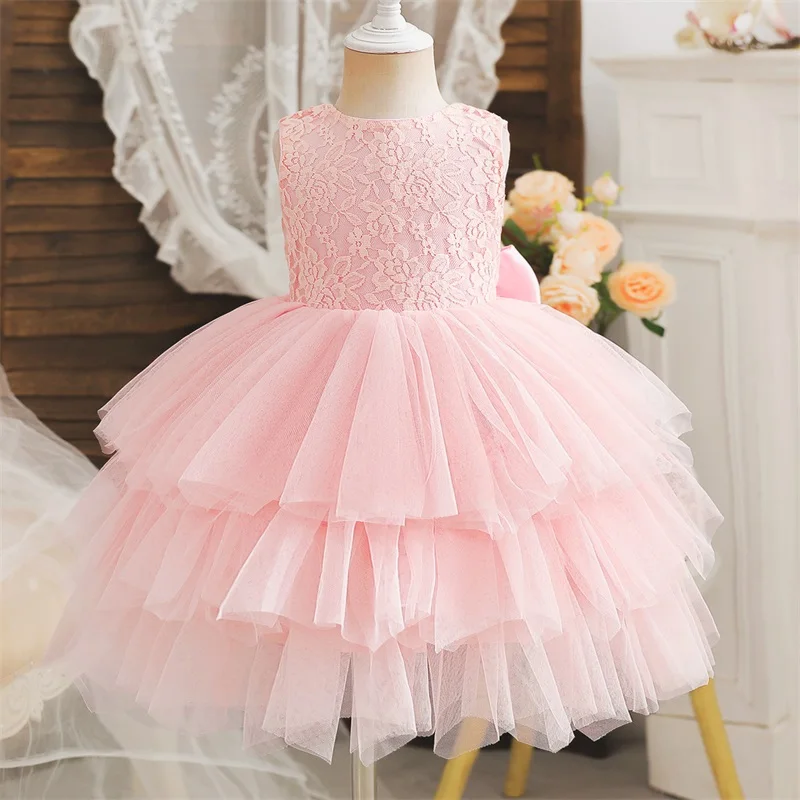 Flower Baby Pink Princess Dress for Girls Sleeveless Lace Cake Layered Dress Children\'s Mesh Fluffy Birthday Dress 2-6 Years