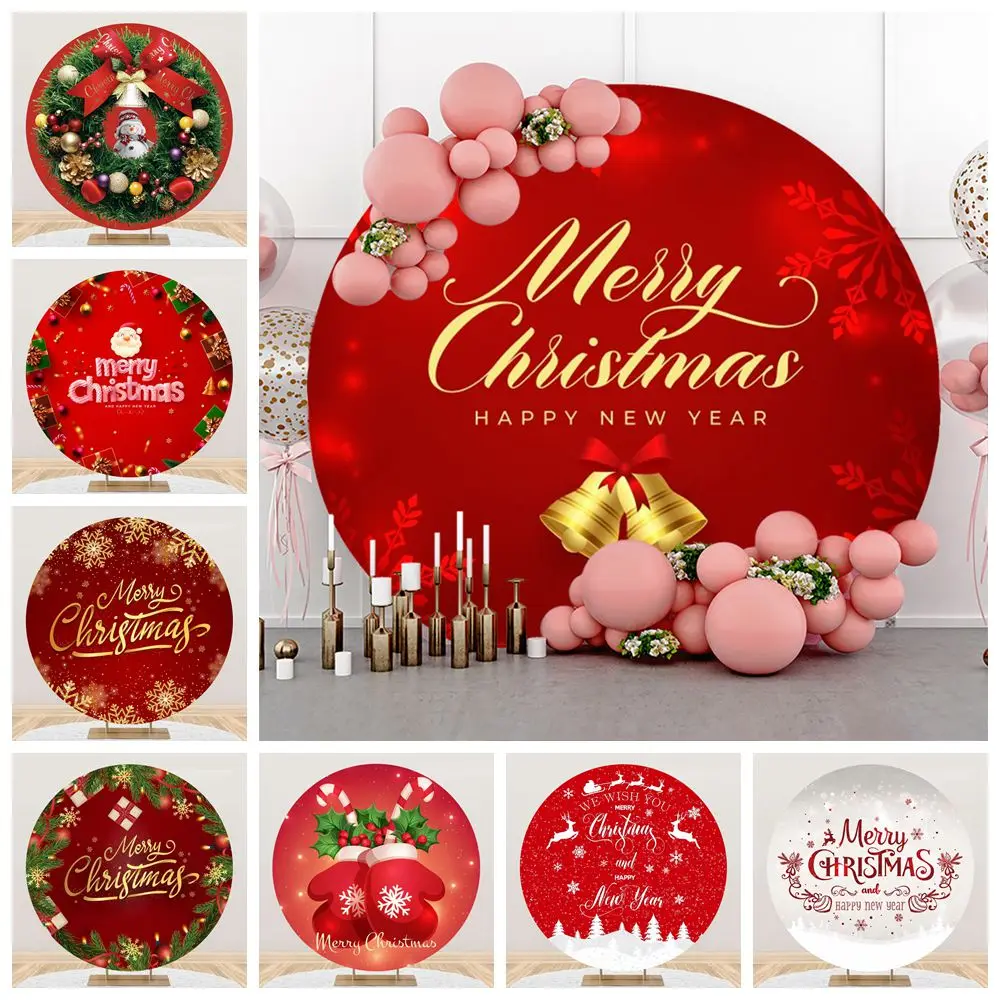 Red Merry Christmas Round Backdrop Cover Bells Snowflake Green Holly Leaves Kids Portrait Family Party Photography Background