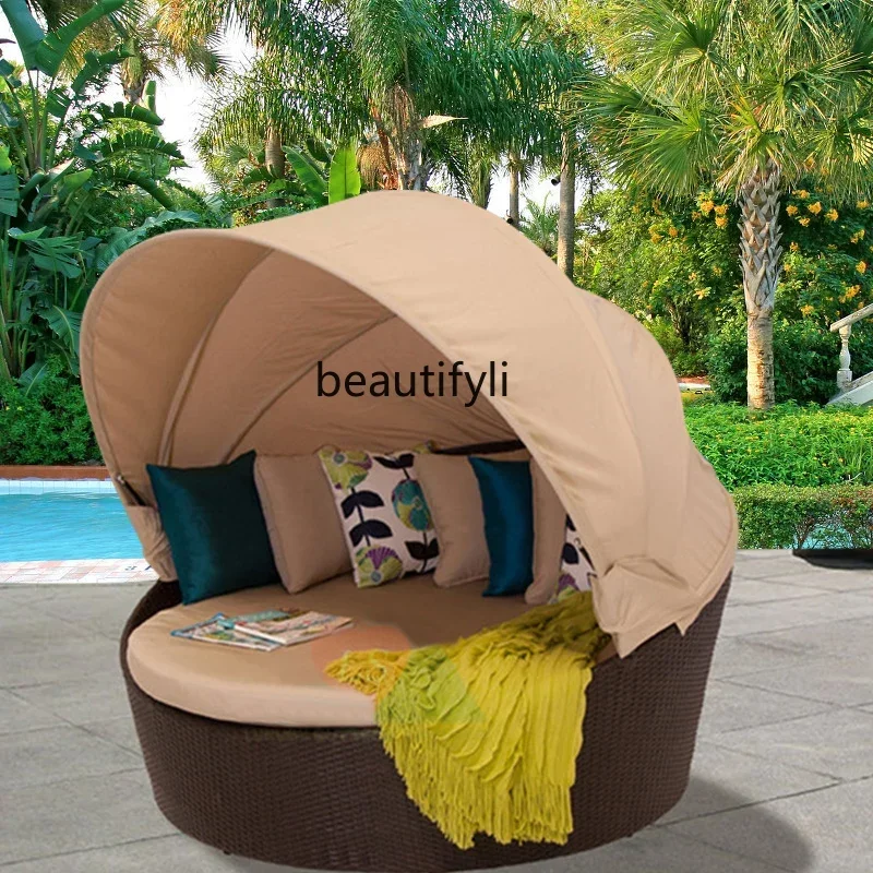 

D80 Outdoor leisure shading large round bed garden balcony sofa bed hotel indoor rattan round bed