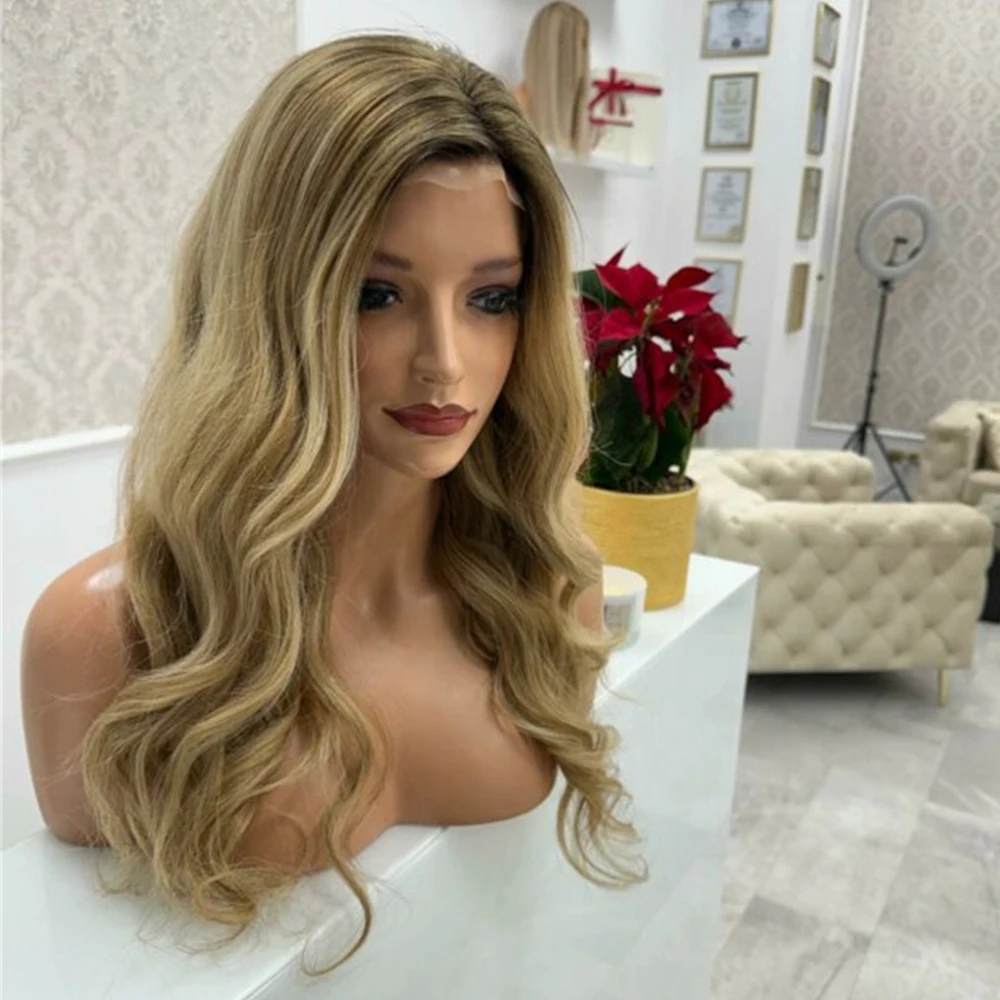 Warm Blonde Balayage Synthetic Lace Front Wigs For Women 30 inches Soft Wavy Blonde Wig Ginger Highlights Cosplay Wigs High Heat