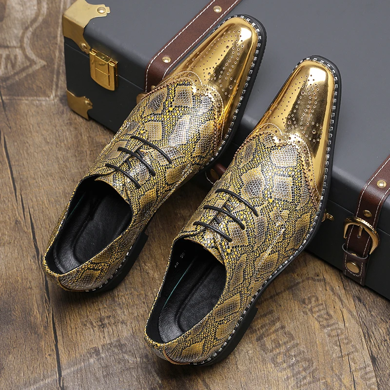 Fashionable Men High-quality Autumn Comfortable Lace Up Banquet Shoes Classic Men's Gold/silver Glitter Pointed Nightclub Shoes