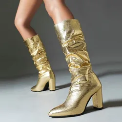 Women's Fashion Thick Heel Single Boots Autumn New Pointed Head Sleeve Fold Anti-slip Wear-resistant High Boots
