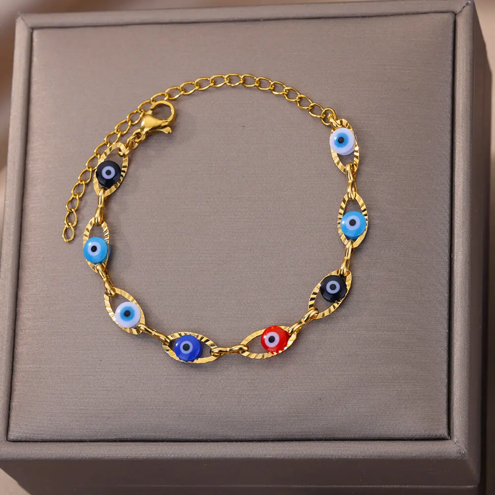 Vintage-Armband mit dem Symbol des bösen Blicks, für Damen, goldfarben, aus Edelstahl, mit Gliederkette, als Schutzamulett, Glücksbringer, Schmuckstück, Geschenk für Partys. – Detail 3