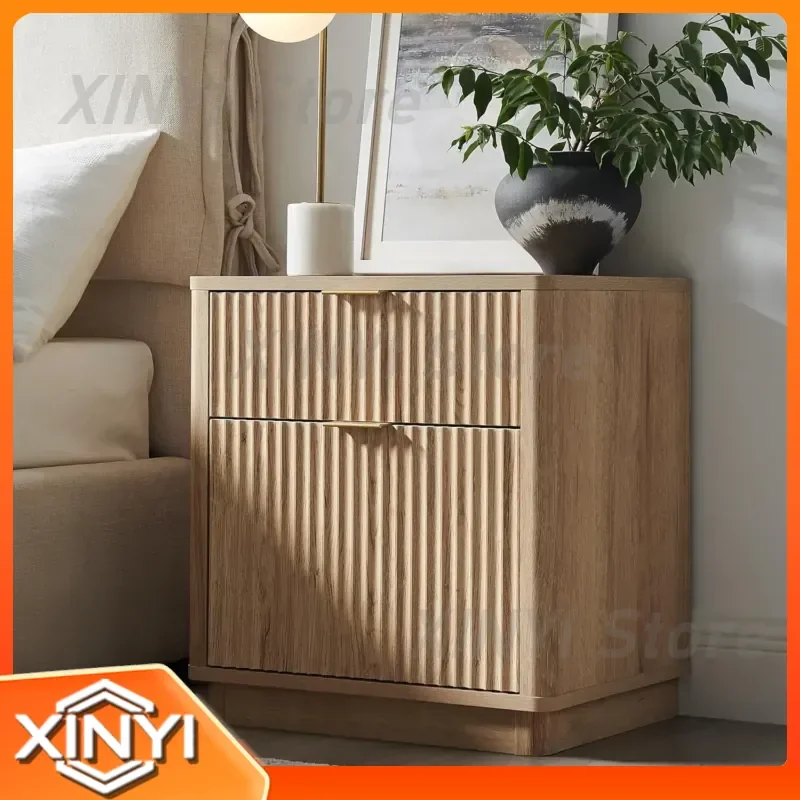 for 23 inch Fluted Nightstand with USB Charging Station 2 Drawer Storage Modern Natural Oak Bedside Table for Bedroom