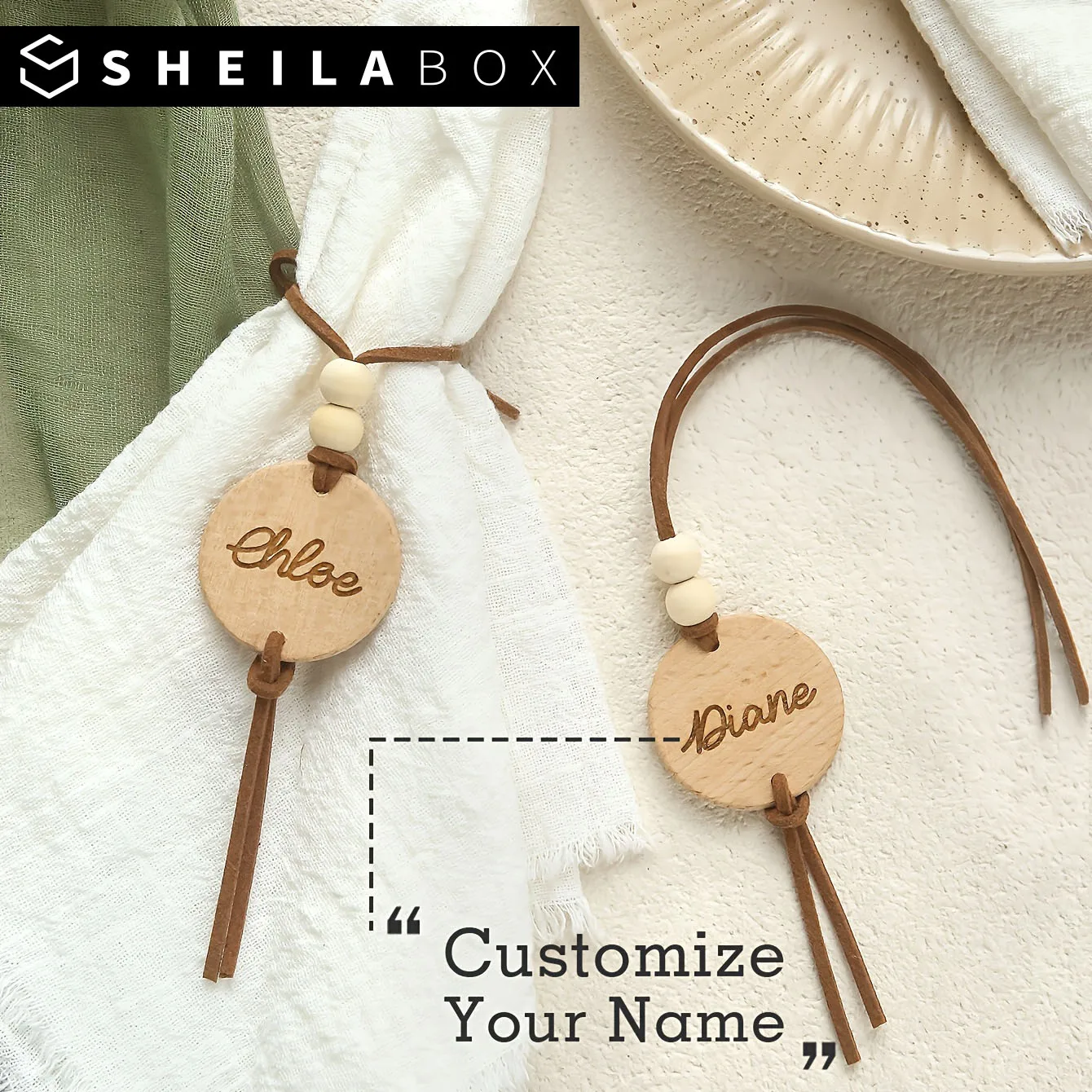 Étiquettes de mariage personnalisées Sheilabox, porte-clés en bois gravé avec nom, anneaux de serviette, décoration de table pour dîner et fête, cadeaux personnalisés, étiquettes cadeaux