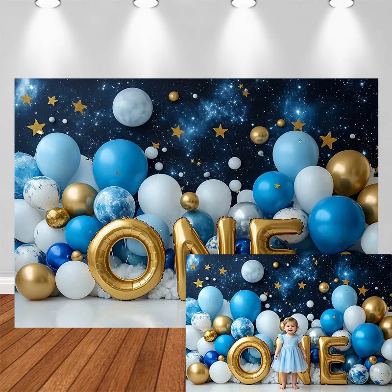 LS Photography Background First Blue Balloon Starry Sky Decor Birthday Baby Shower Cake Smash Kids Portrait Photo Backdrop