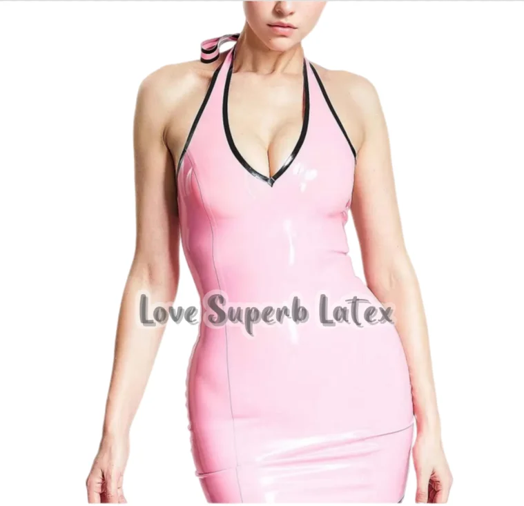 Latex Women's Rubber Dress Pink with Black Trim Clubwear Cosplay Costumes custom made Halloween Wear