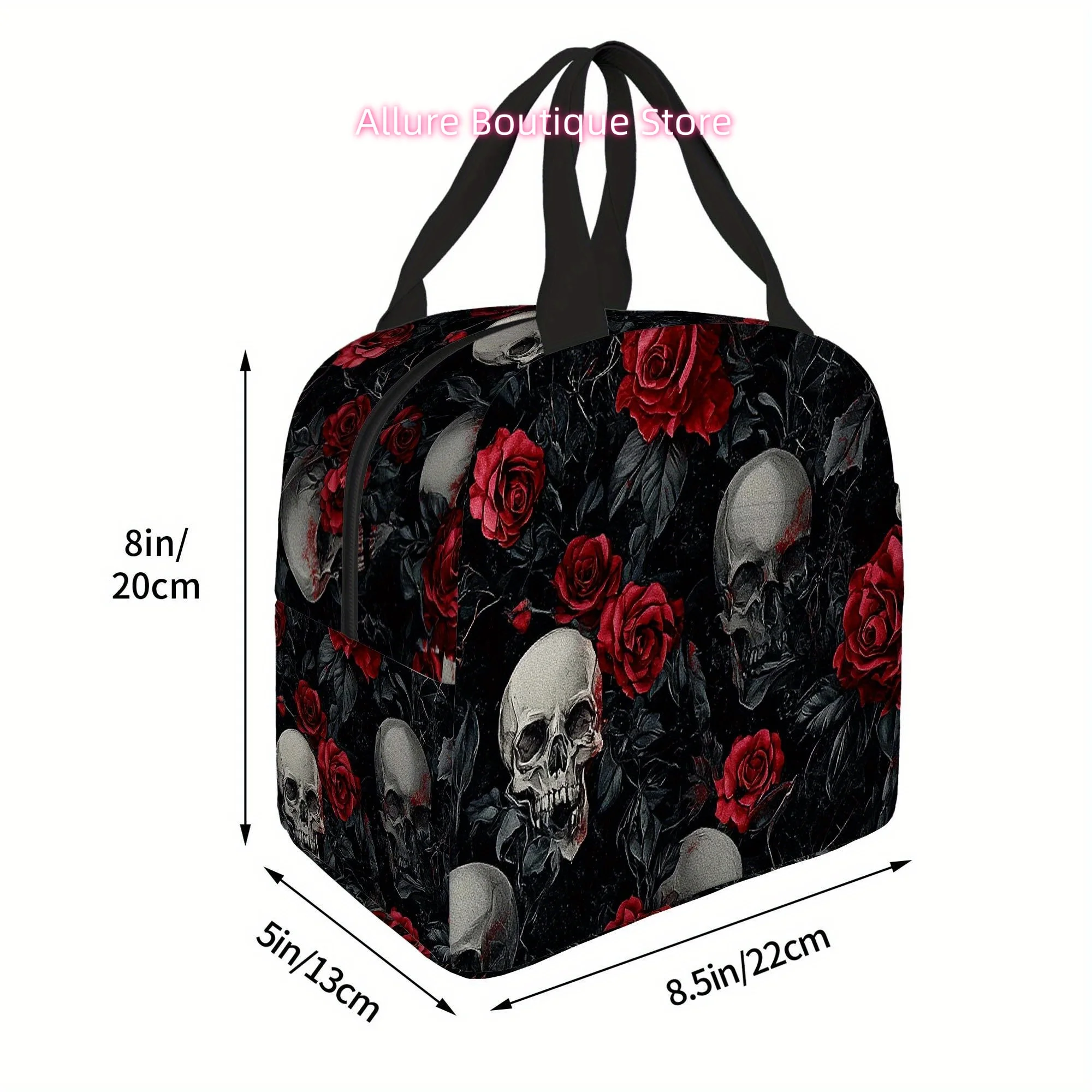 1pc Gothic Floral Print Insulated Thermal Bag - Black with Red Roses & Skull Design, Reusable Portable Cooler for Home, Office,