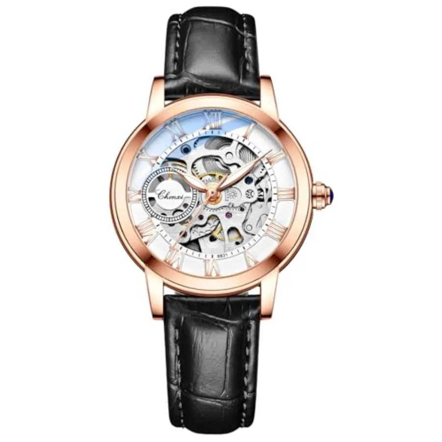 

Women's Sapphire Watches Automatic Steampunk Self Winding Mechanical Gold Bracelet Ladies Skeleton Wrist Watch Leather Strap fo