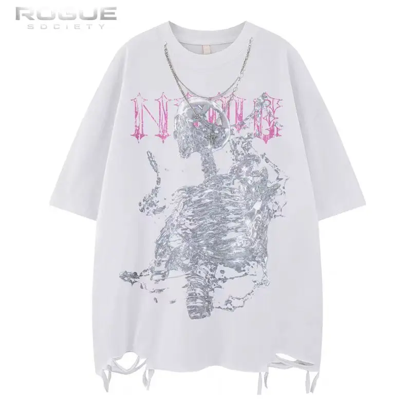 Grunge Summer Y2K Skeleton Gothic Print Men Tshirt Hip Hop Harajuku Ripped Bottom Hem Streetwear Punk Rock Casual Tees Unisex