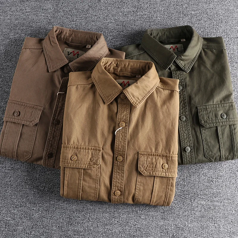QICHE European American Men Minimalist Washed Distressed Multi Pocket Work Long Sleeve Versatile Shirt Jacket