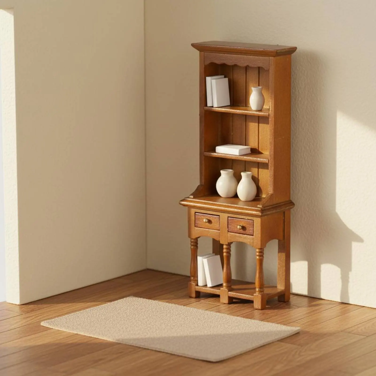 Bild 3: Puppenhaus-Bücherregal mit Doppelschublade, Miniatur-Bücherregal im Maßstab 1:12, Kompakte Größe