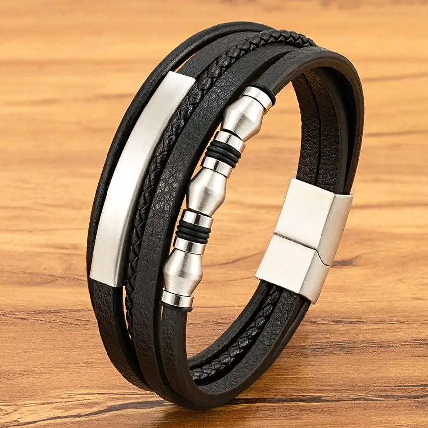 XQNI Leather Bangle Multi-layer Stainless Steel Metal Men's Bracelet Male Jewelry Best Gifts For Birthday Wedding Magnetic Clasp