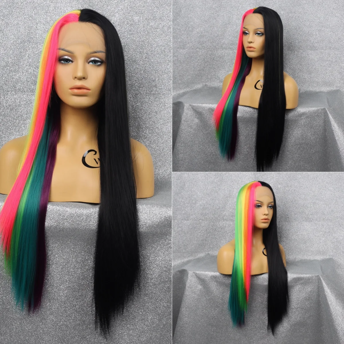 

Rainbow Black Long Straight Synthetic Wig Lightweight Comfortable Breathable Heat Resistant Color-resistant Party Cosplay Wig