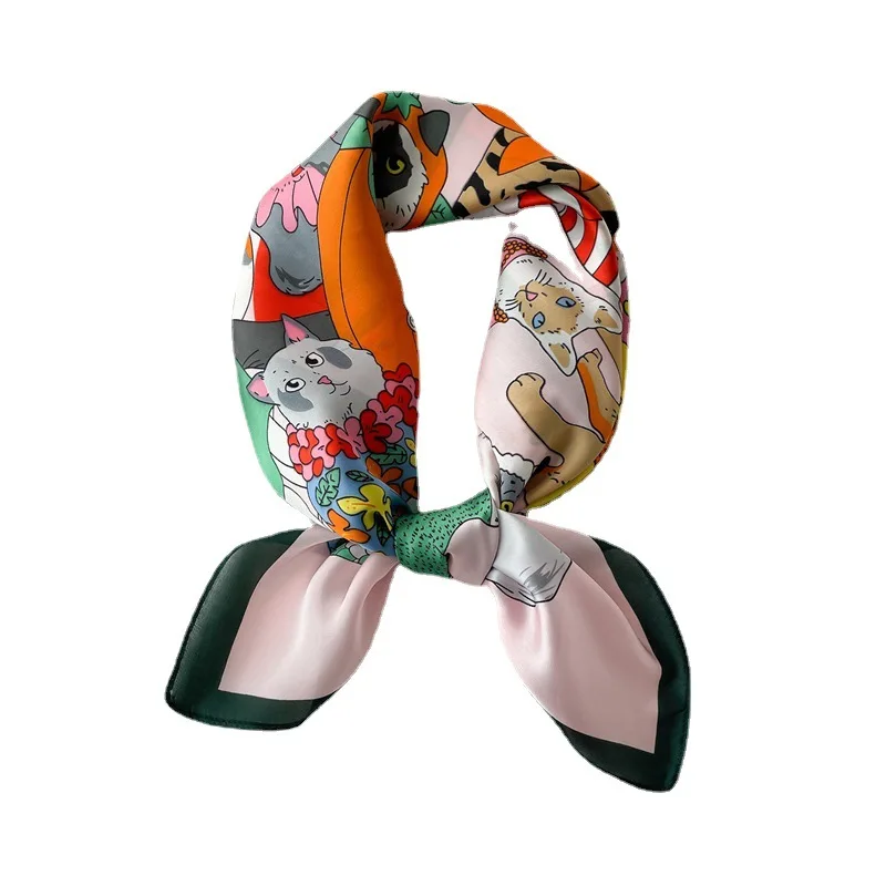 Mode 70*70 Cm Bandana Hoofddoek Kat Print Vrouwen Hijab Sjaals Hoofddoek Zakdoek Zijde Satijn Sjaals Vierkant voor Dames